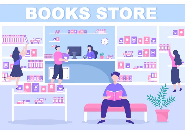 People in Bookstore Illustration