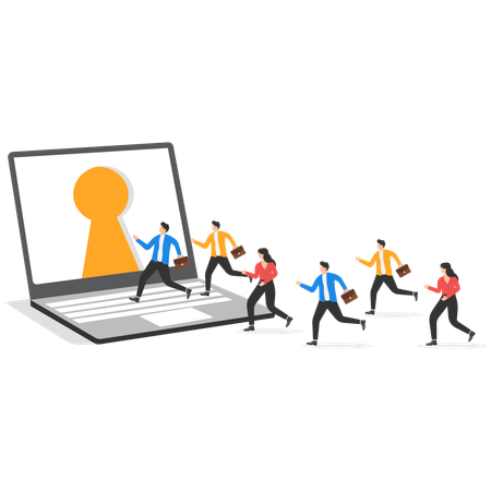 People In Business Suits Work In A Team And A Big Laptop With A Keyhole On The Screen  Illustration