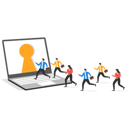 People In Business Suits Work In A Team And A Big Laptop With A Keyhole On The Screen  Illustration