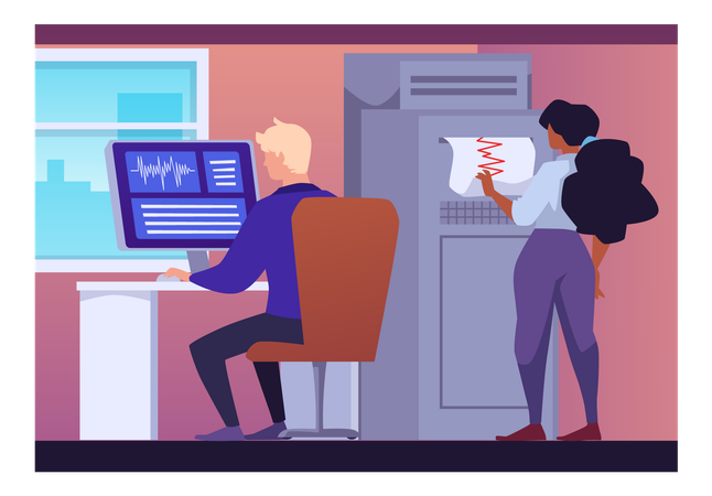 People in cabinet analyze data back view  Illustration
