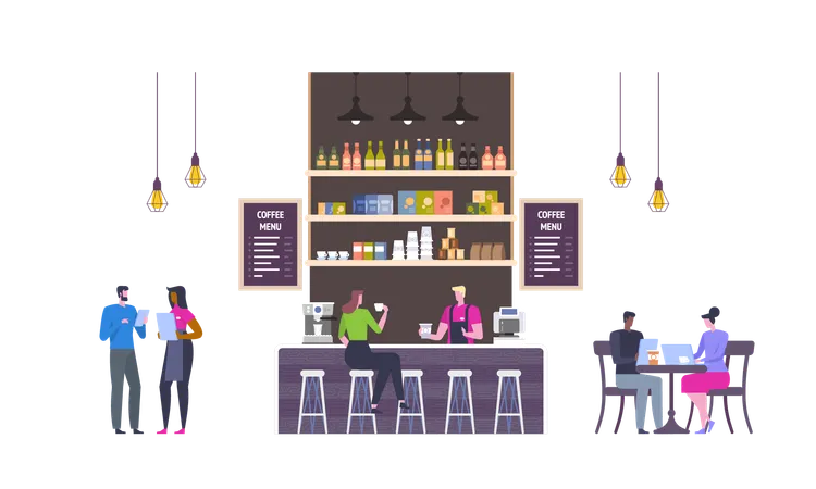 Modern Workplace Interior Cafe In Loft Style People In Creative Office Co Working Center University Campus Restaurant Flat Vector Illustration Illustration
