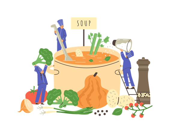 People in chef uniform and cap cooking together huge soup pot with vegetables pumpkin  Illustration