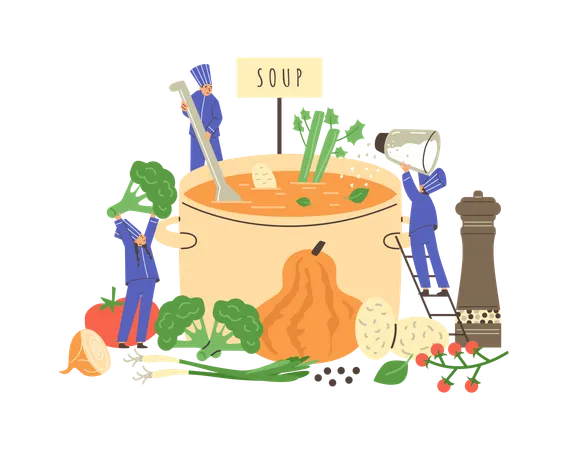 People in chef uniform and cap cooking together huge soup pot with vegetables pumpkin  Illustration