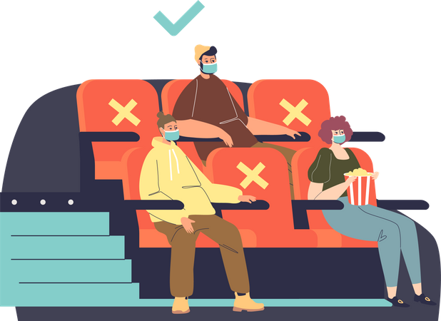 People in cinema keep social distance while watching movie Illustration