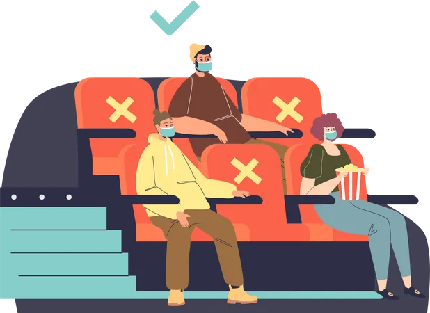 People in cinema keep social distance while watching movie Illustration