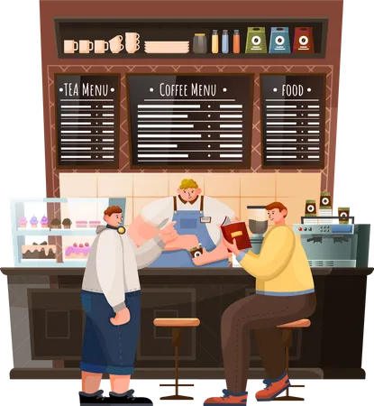 People Near Bar With Barista In Coffeehouse Male Characters Drinking Mug And Eating Cake In Cafe Interior Of Restaurant With Food And Beverage Menu Men Beertime With Coffee In Urban Place Vector Illustration