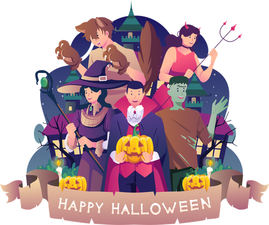 People in costumes celebrating Halloween Illustration