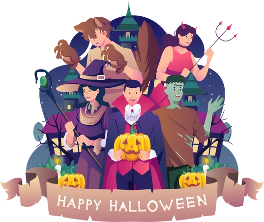 People in costumes celebrating Halloween Illustration