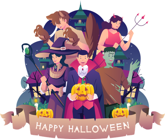 People in costumes celebrating Halloween  Illustration