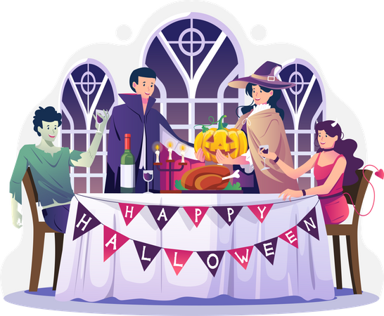 People in costumes have dinner on the table on Halloween night  Illustration