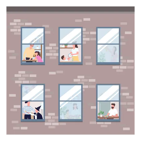 People In Different Apartments Windows Flat Color Vector Illustration Morning Routine Man Eat Breakfast Woman Clean Up Self Isolated Relatives 2 D Cartoon Characters With Interior On Background Illustration
