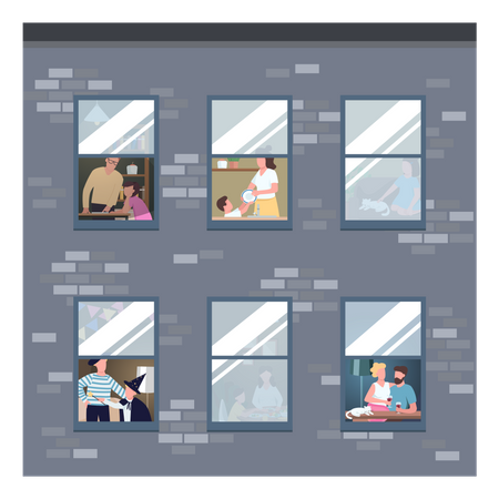 People in different apartments windows  イラスト
