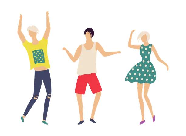 Dancing People In Good Mood Isolated Cartoon Characters Vector Teenagers Animated Man And Woman In Flat Style Boy In Jeans Red Shorts Girl In Dress Illustration