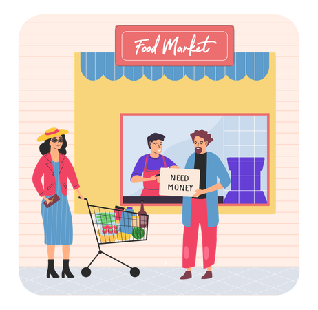 People in grocery store with fresh food  Illustration