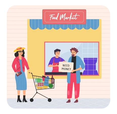 People in grocery store with fresh food  Illustration