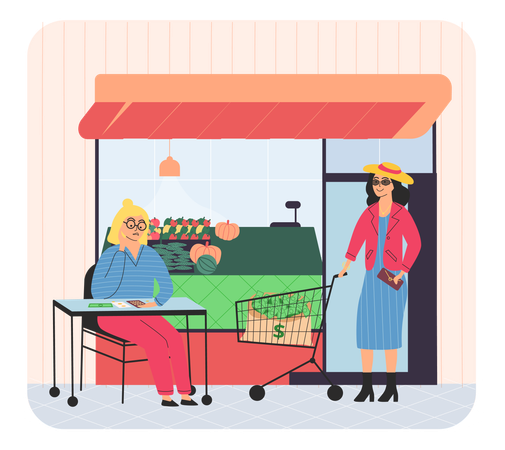 People in grocery store with fresh food  Illustration