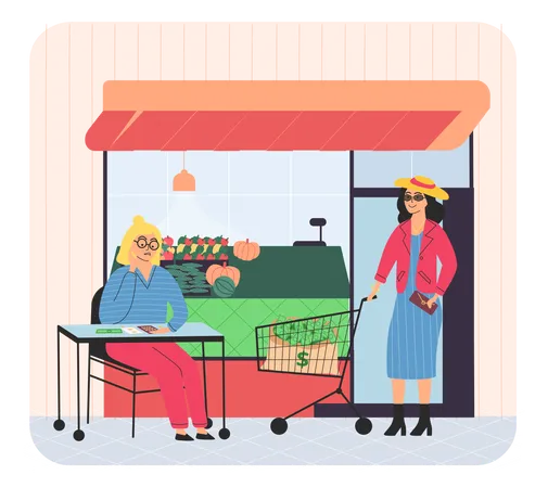 People in grocery store with fresh food  Illustration