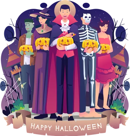 People in Halloween costumes Illustration