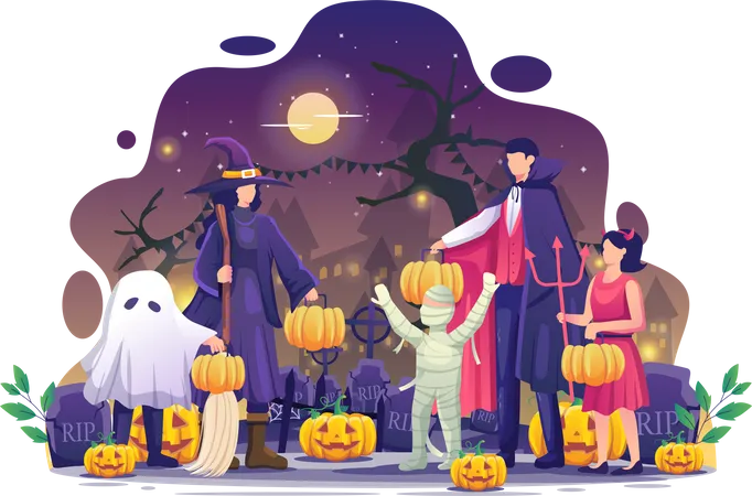 People in Halloween costumes carrying pumpkins  Illustration