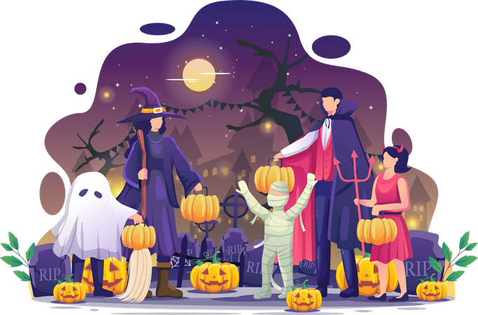 People in Halloween costumes carrying pumpkins  Illustration