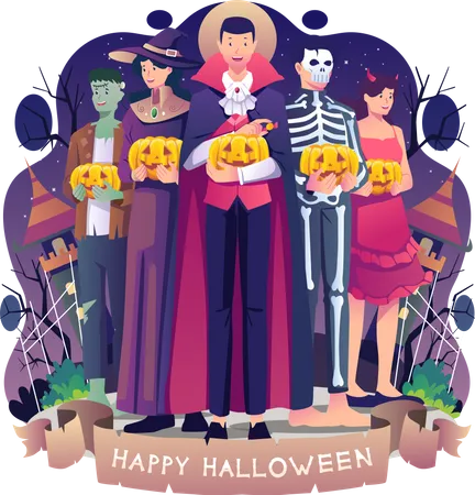 People in Halloween costumes  Illustration