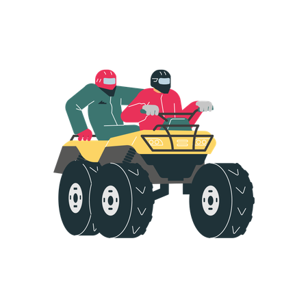 People in helmets riding on quad bike  Illustration