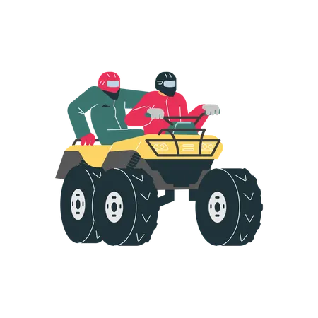 People in helmets riding on quad bike  Illustration
