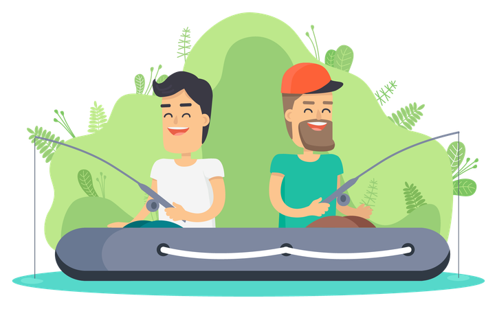 People in inflatable boat doing fishing  Illustration