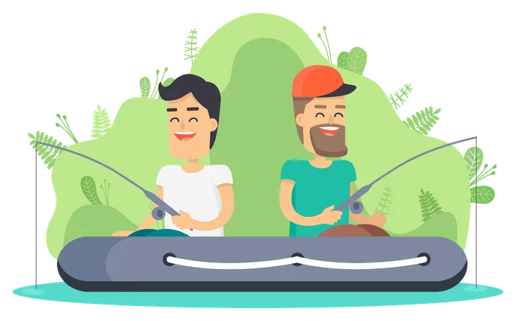 People in inflatable boat doing fishing  Illustration
