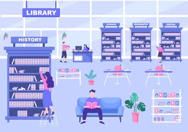 People in Library Illustration