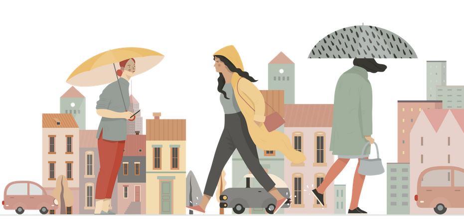 People In Monsoon  Illustration