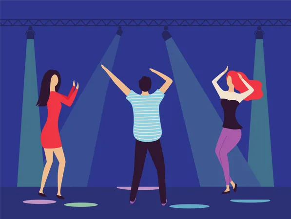Partying Man And Woman Vector People In Club Dancing With Loud Music Spotlights And Lights On Stage Clubbers Relaxing In Nightclub Active Dancers Illustration