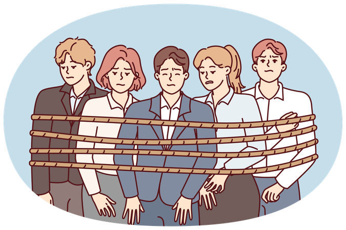 People in office suits tied with rope stand with unhappy face and are sad  Illustration