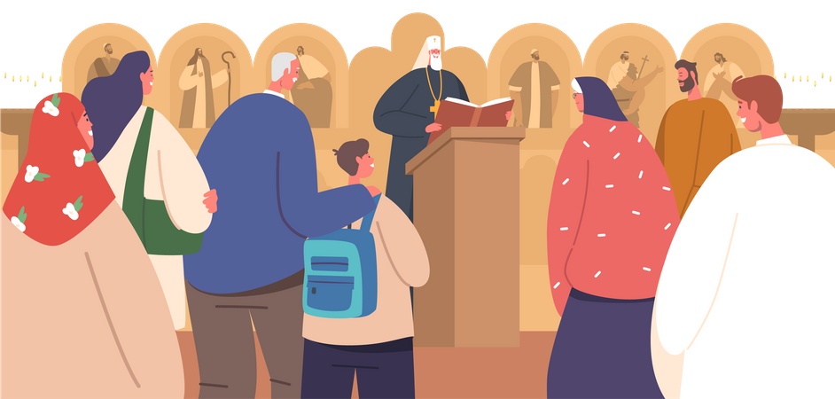 People in orthodox church during sacred ritual  Illustration