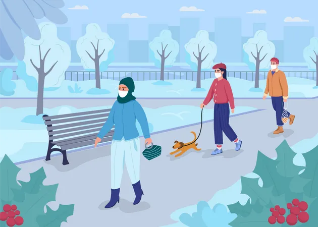 Walk In Winter Park In Pandemic Flat Color Vector Illustration Social Distancing During Wintertime City At Christmas People In Face Masks 2 D Cartoon Characters With Landscape On Background Illustration
