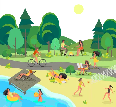 People In The Public Park Having Fun Doing Sport And Resting In The City Park Summer Activity Vector Illustration In Cartoon Style Illustration