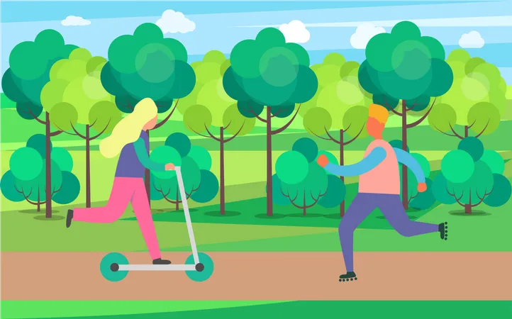 Vector Illustration Of Women Riding Kick Scooter And Man On Skate Rollers Background Of Image Is Summertime Park With Tall Trees And Green Grass Illustration
