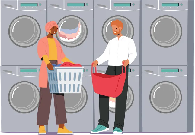 People In Public Launderette Fold Clothes Share Stories And Exchange Smiles Creating A Vibrant Tapestry Of Community And Domesticity Amidst The Hum Of Washing Machines Cartoon Vector Illustration Illustration