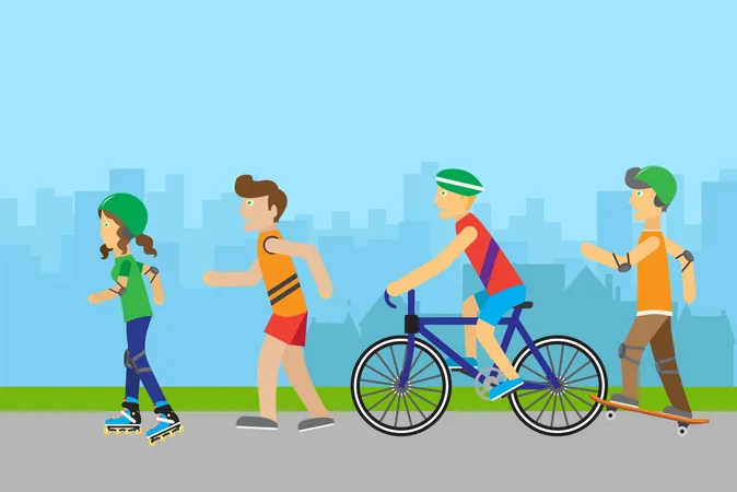 Summer Sport Banner People In Sports Uniforms Riding A Bike Roller Skating Skateboarding And Running On Background Of Urban Landscape Summer Vacation Healthy Lifestyle Leisure Activities Illustration