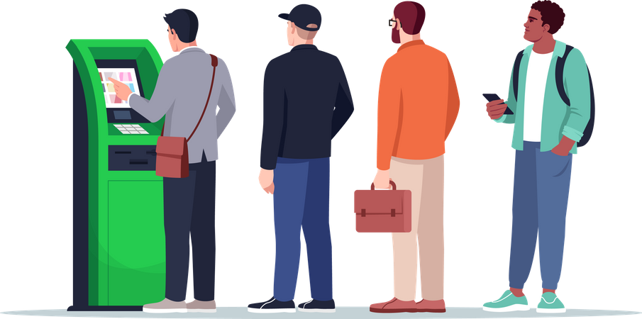 People in queue at atm booth  イラスト