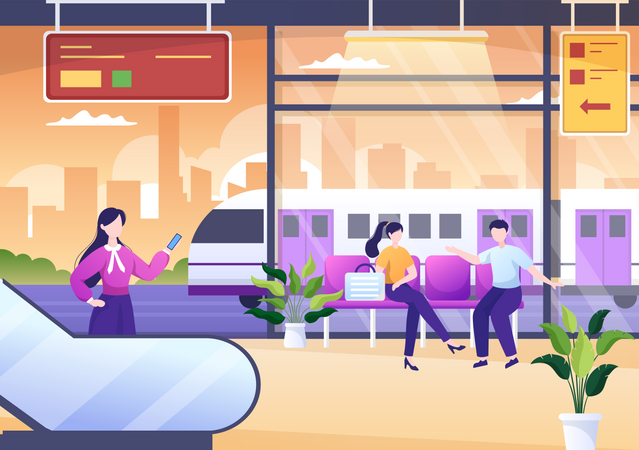 People in railway station  Illustration