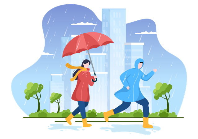 People in rain  Illustration