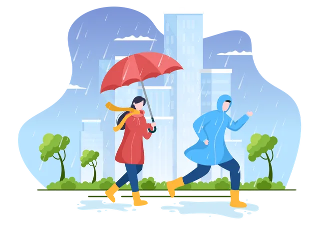 People in rain  Illustration