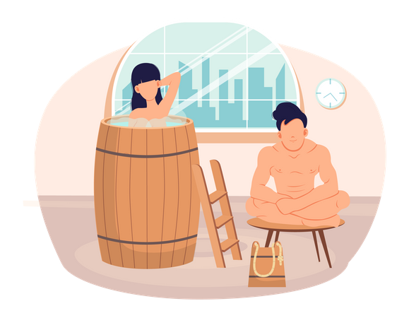 People in relationship are resting in sauna. Couple is bathing and spending romantic time together Illustration