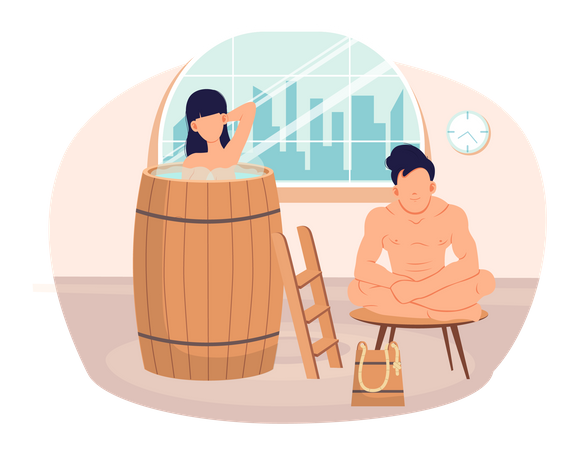 People in relationship are resting in sauna. Couple is bathing and spending romantic time together  Illustration