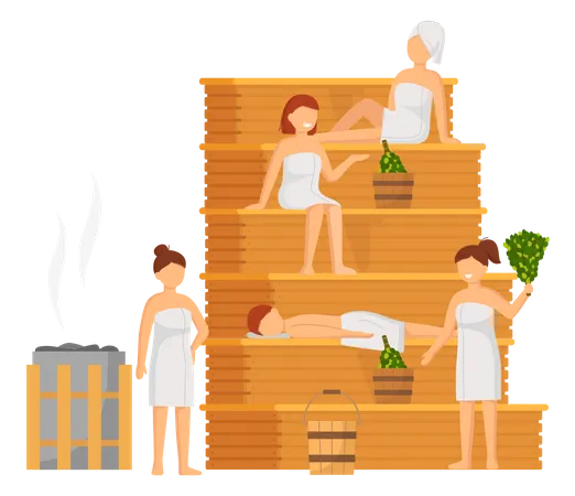 Sauna And Steam Room Set Of People In Sauna People Relax And Steam With Birch Brooms In Traditional Russian Stove For Female And Male Finnish Bathhouse Public Sauna Friends In Spa Resort Illustration