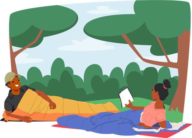 People in sleeping bags enjoying nature  Illustration