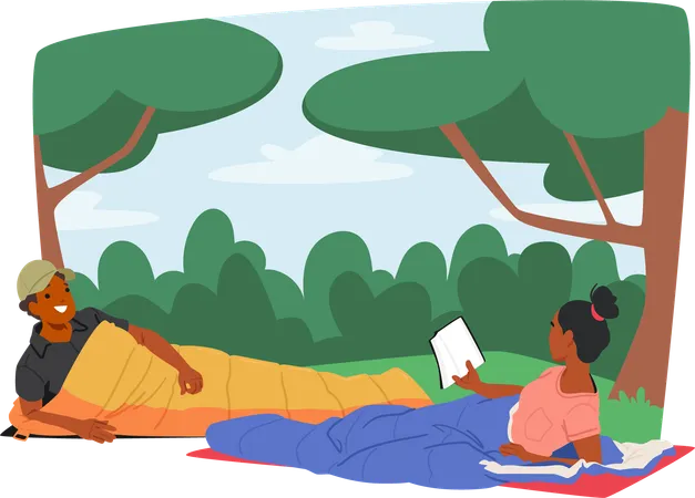 People in sleeping bags enjoying nature  Illustration