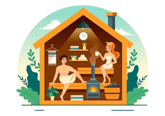 Sauna And Steam Room Vector Illustration With People Relax Washing Their Bodies Or Enjoying Time In Flat Cartoon Background Design Illustration