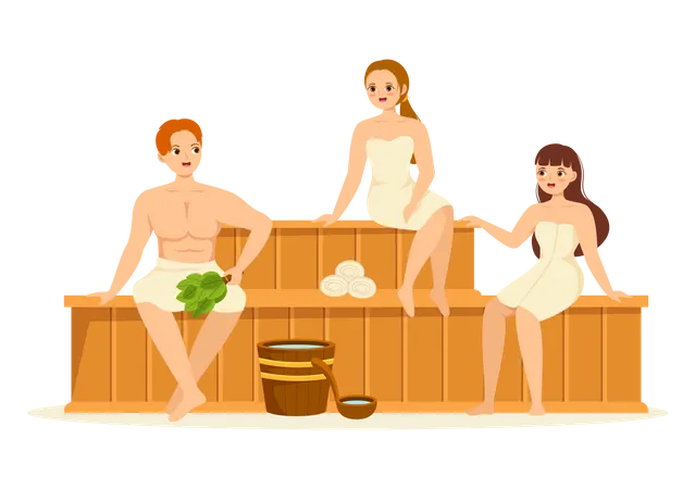 Sauna And Steam Room With People Relax Washing Their Bodies Steam Or Enjoying Time In Flat Cartoon Hand Drawn Templates Illustration Illustration
